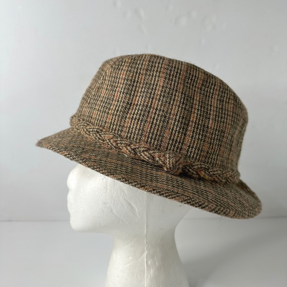 Vtg Harvard Custom Tailored Brown Tweed Plaid Fedora Hat Braided Band Mens Sz L